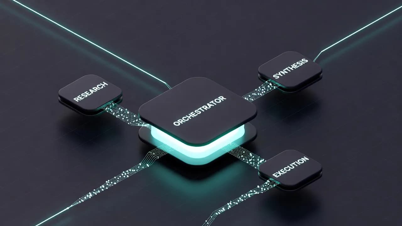 Isometric orchestrator node wired to research, synthesis and execution agent modules