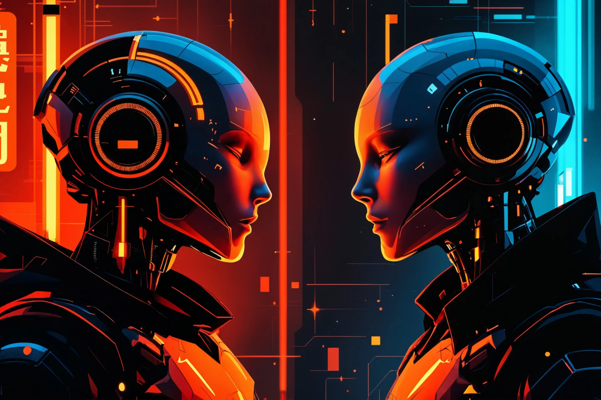 Futuristic cybernetic AI agent profiles facing each other illuminated by neon red and cyan lighting