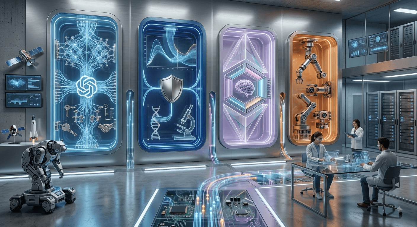 Futuristic lab display panels representing AI research, safety, reasoning, and robotics categories