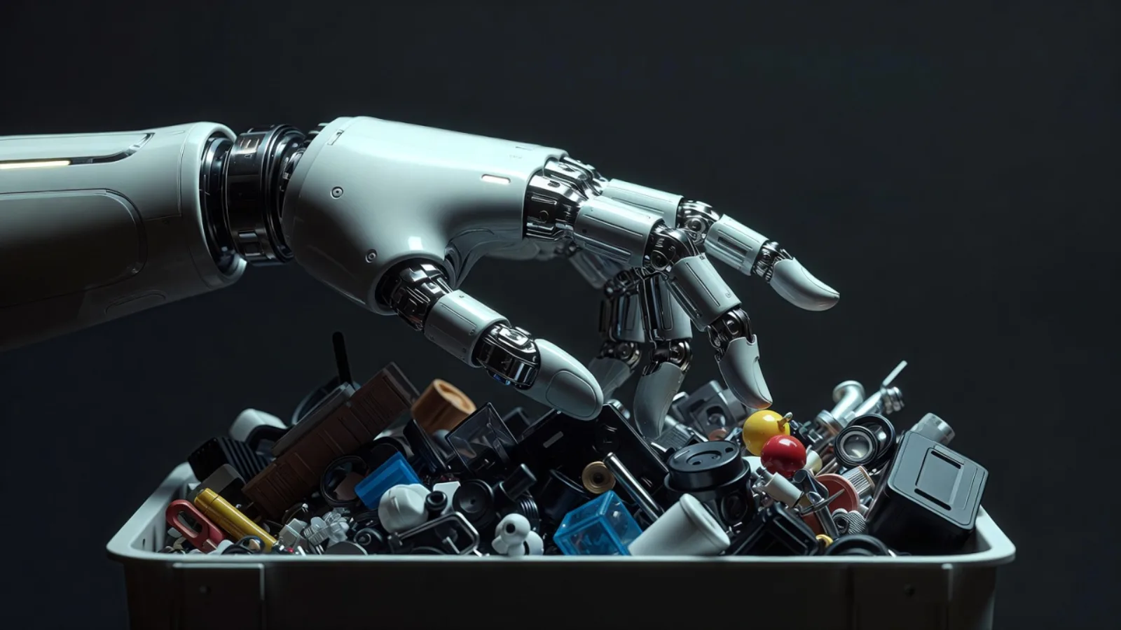 Robotic hand reaching into a bin of assorted interchangeable parts, a metaphor for commoditized AI models
