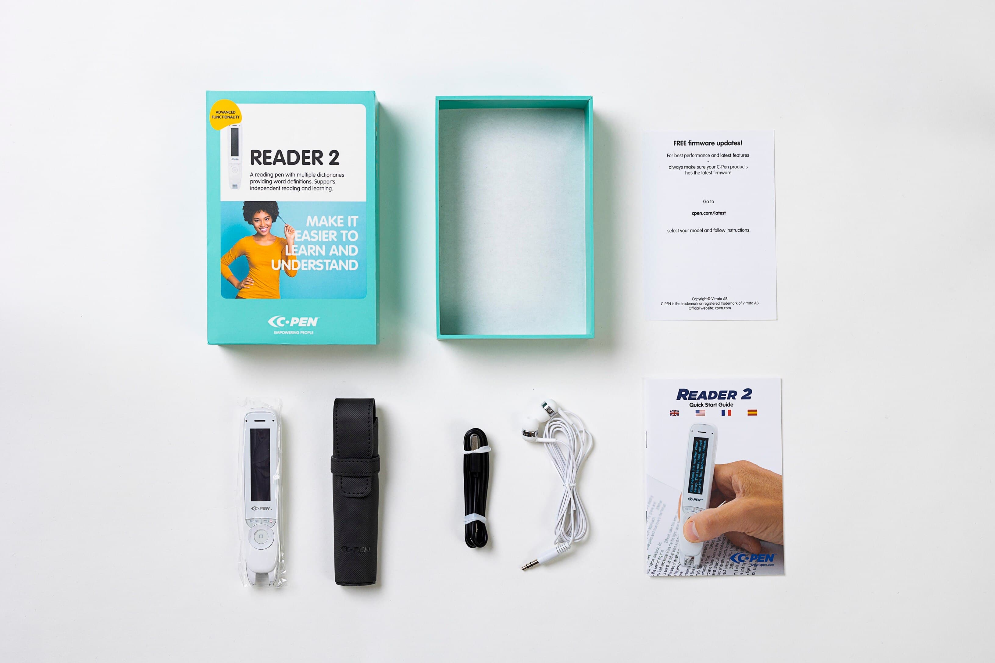 C-Pen Reader box contents laid out showing pen, protective case, cables, and guide
