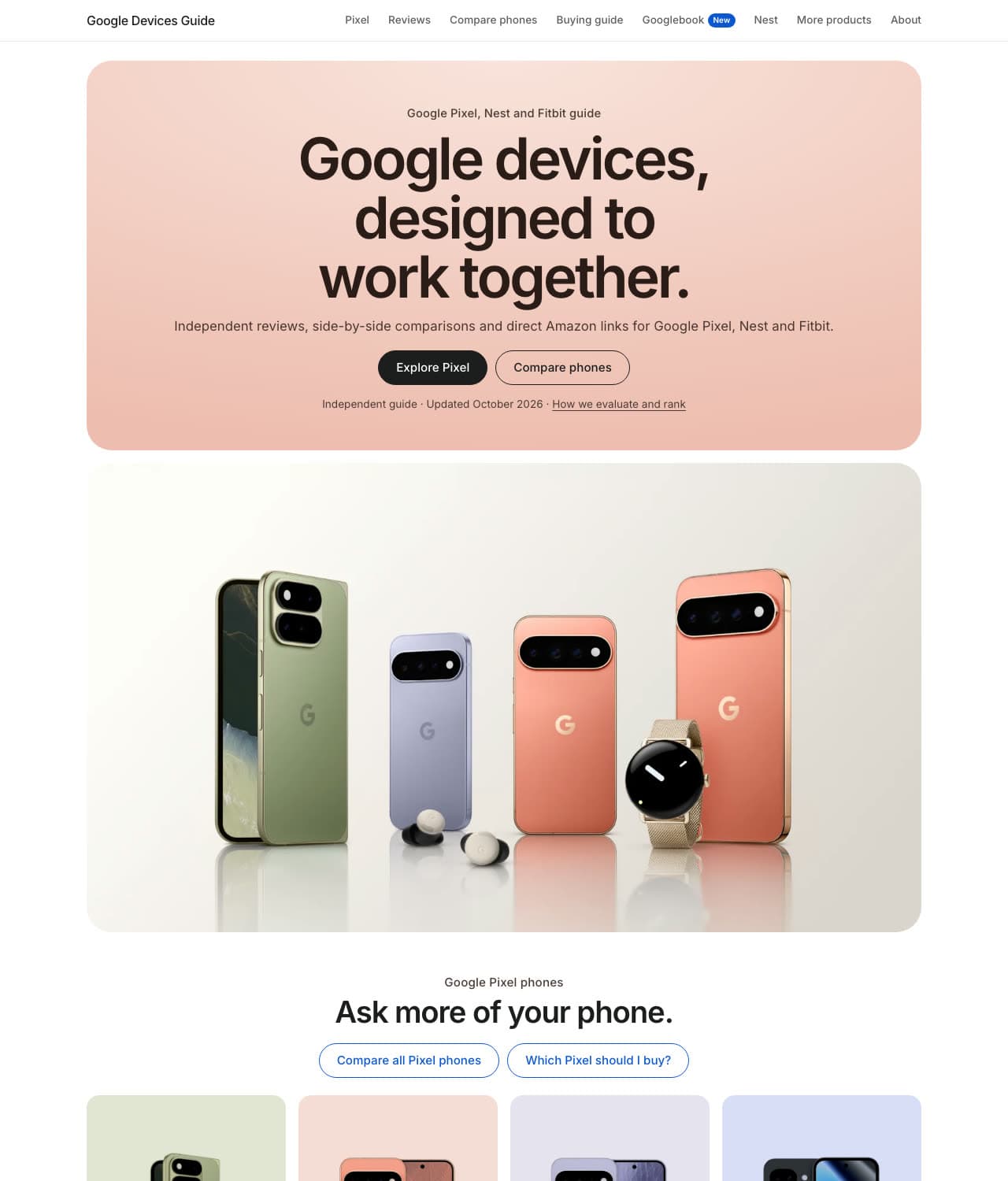 Screenshot of the Google Devices Guide homepage at GooglePixelAmazon.com, October 2026: Google devices, designed to work together