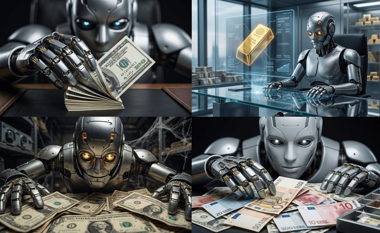A four-panel montage of robotic hands counting and handling stacks of dollars, euros and a gold bar, evoking the price of machine intelligence