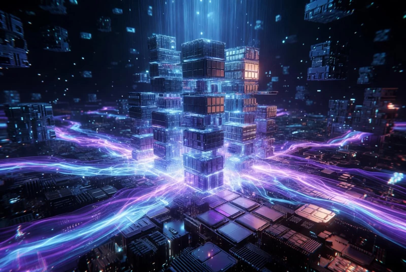 Glowing blocks of digital data stacked like a city skyline with light streams flowing through them