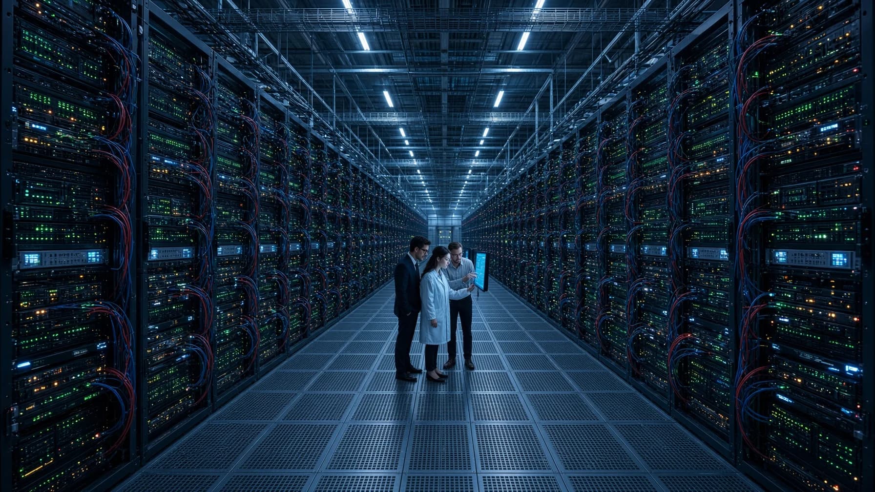 Engineers reviewing a monitor in a data center aisle lined with server racks, representing compute infrastructure at scale