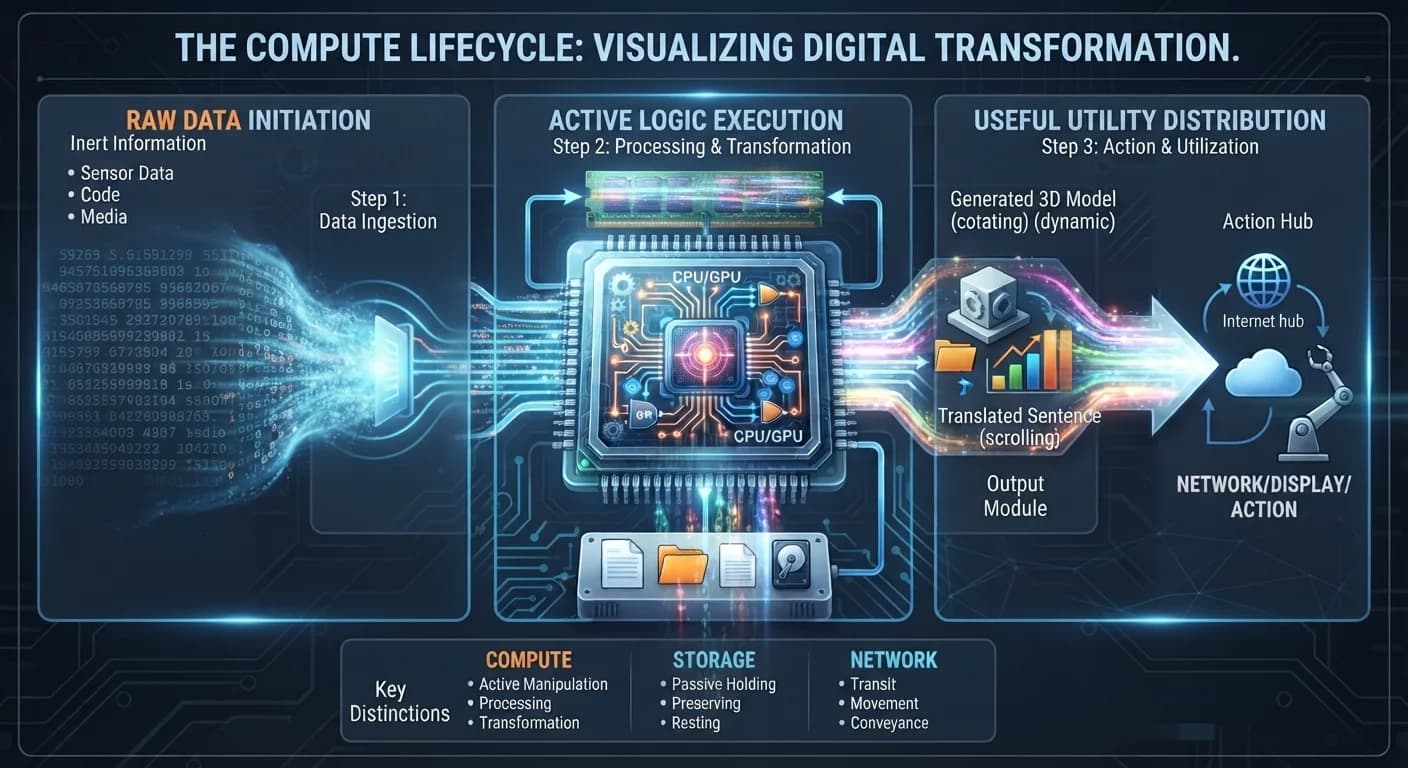The compute lifecycle: raw data initiation flows into active logic execution on a CPU/GPU, then out as useful utility distribution — with a callout distinguishing compute (active manipulation, processing, transformation) from storage (passive holding, preserving, resting) and network (transit, movement, conveyance)