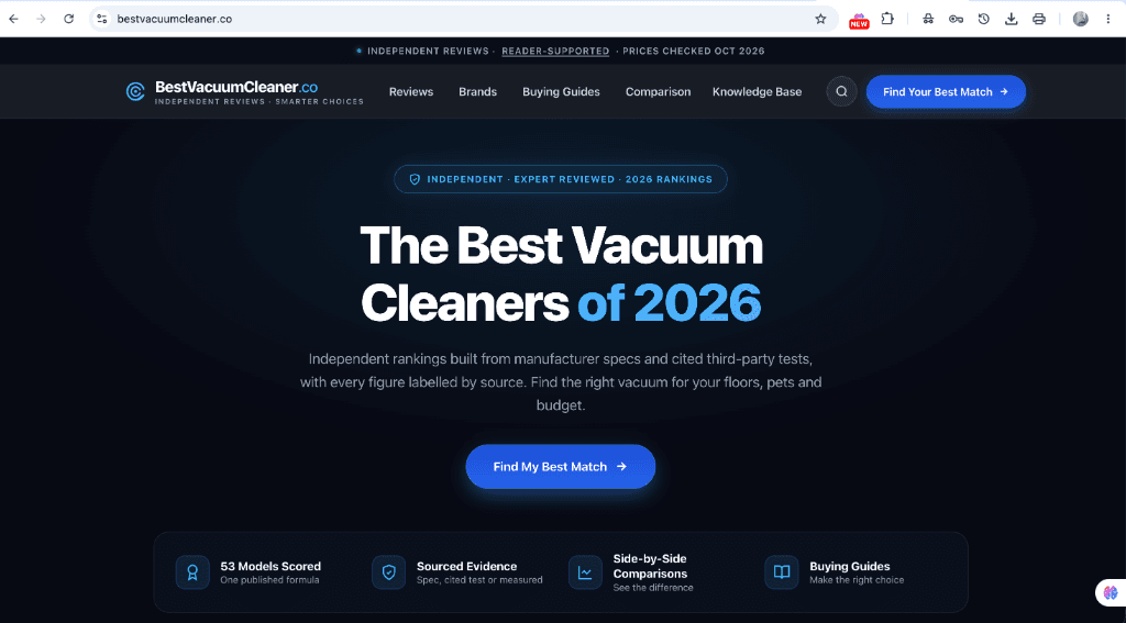 BestVacuumCleaner homepage displaying 53 scored vacuum models and sourced evidence architecture