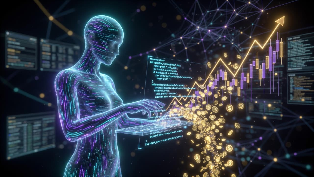 A holographic digital figure typing code into a screen as gold coins and a rising candlestick chart stream outward, depicting the new economics of AI-written software