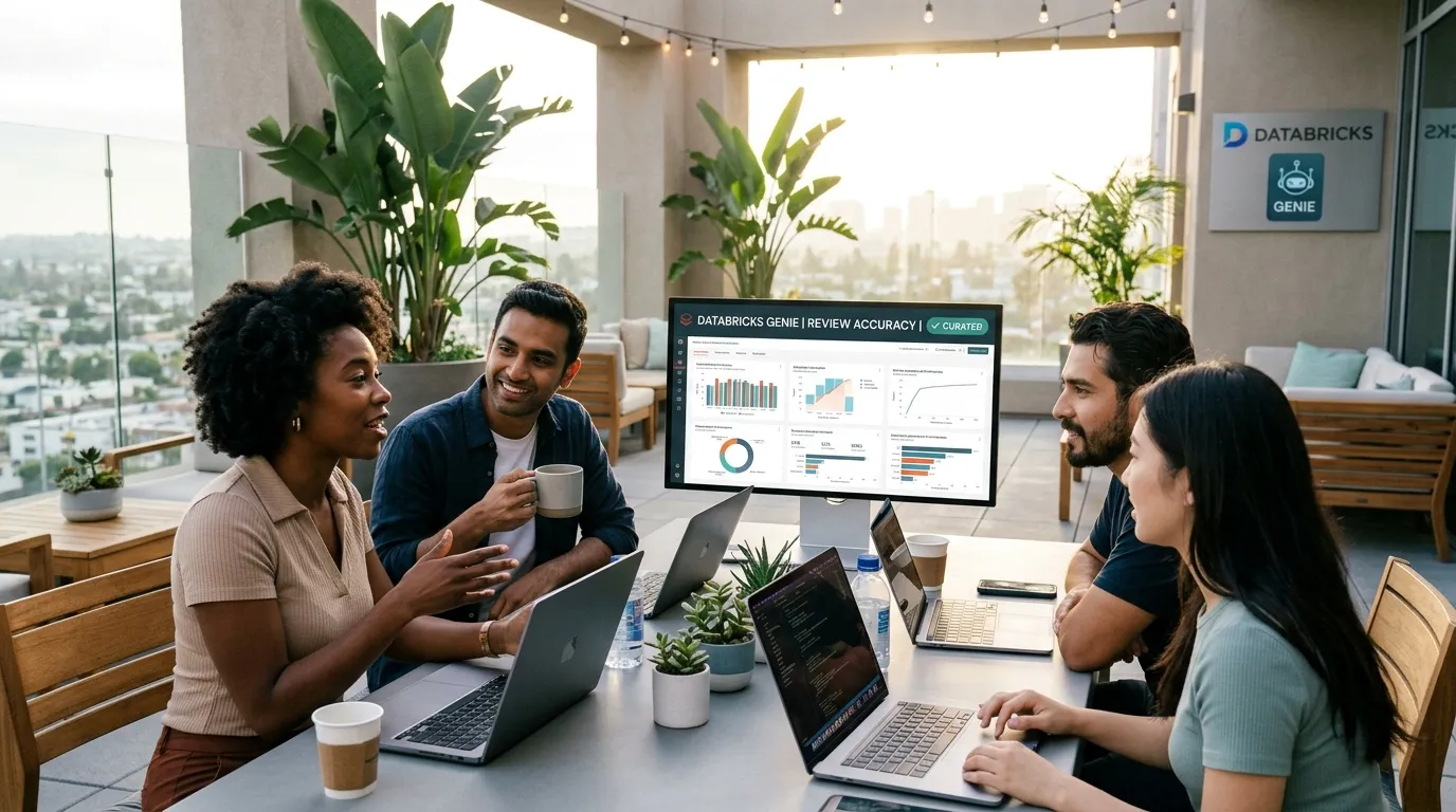 Four colleagues around a table on a rooftop terrace discussing a data analytics dashboard on a monitor
