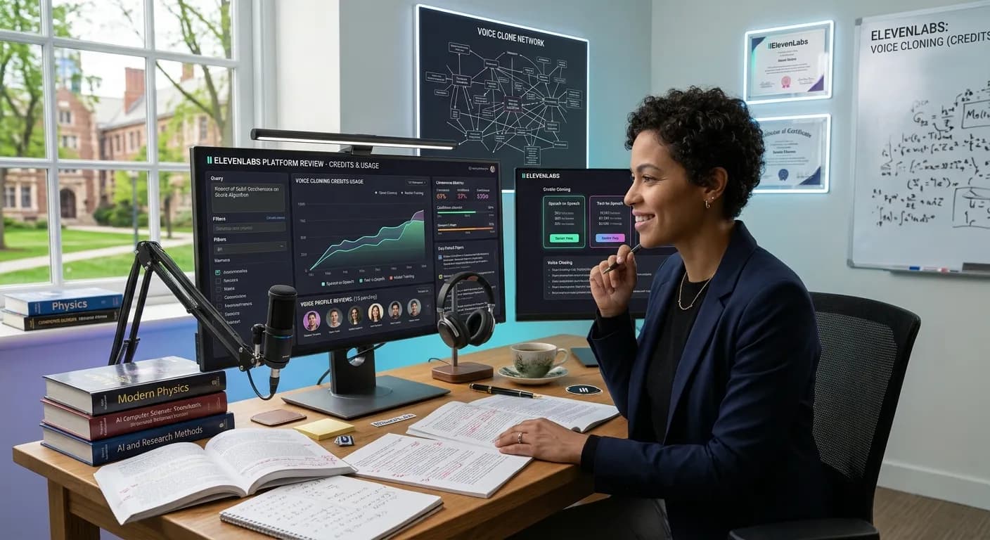 Creator at a desk with a studio microphone and headphones reviewing a voice cloning credits dashboard