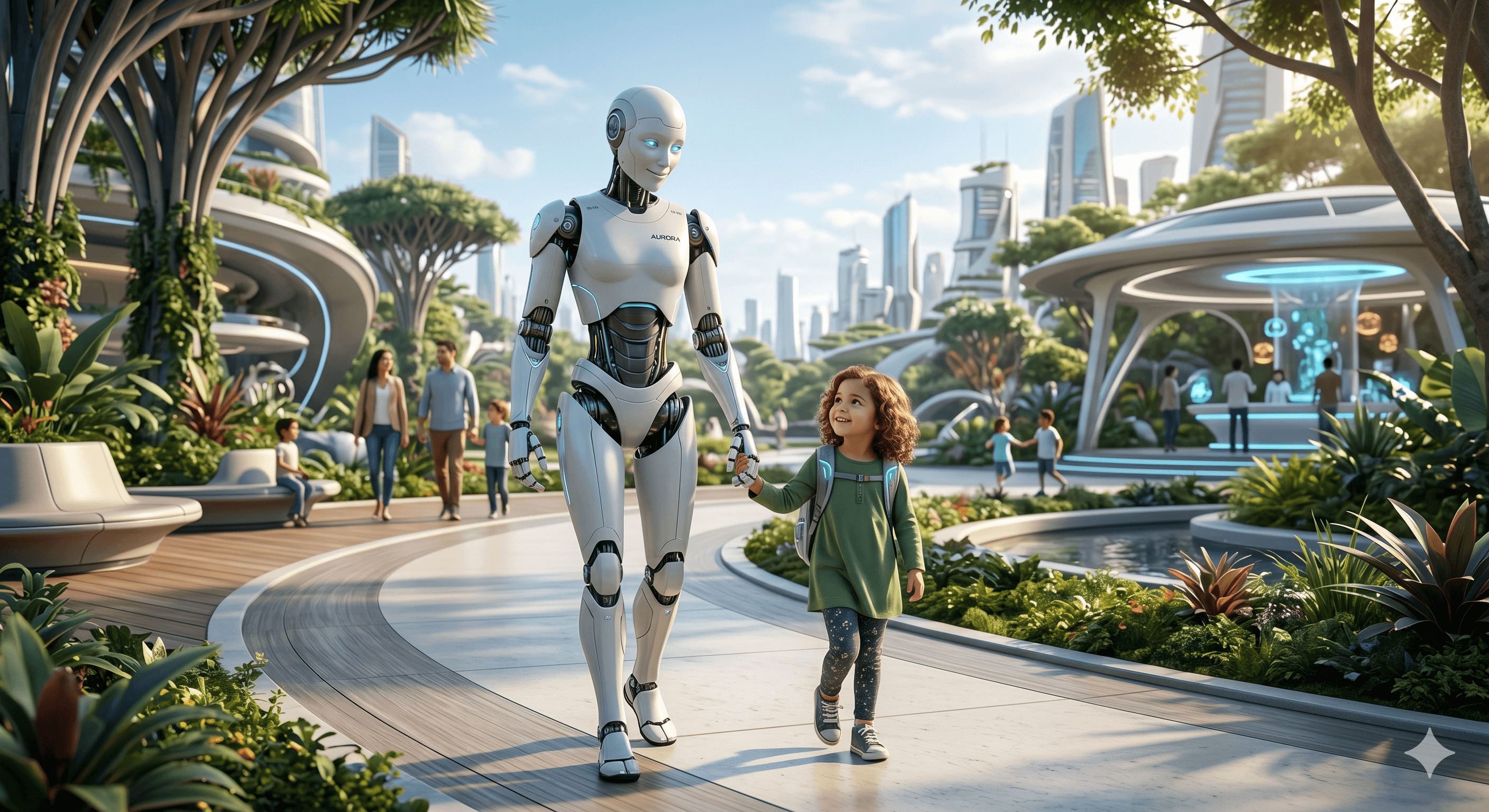 A humanoid robot walking hand in hand with a child through a green, future city — the optimistic version of what we are building
