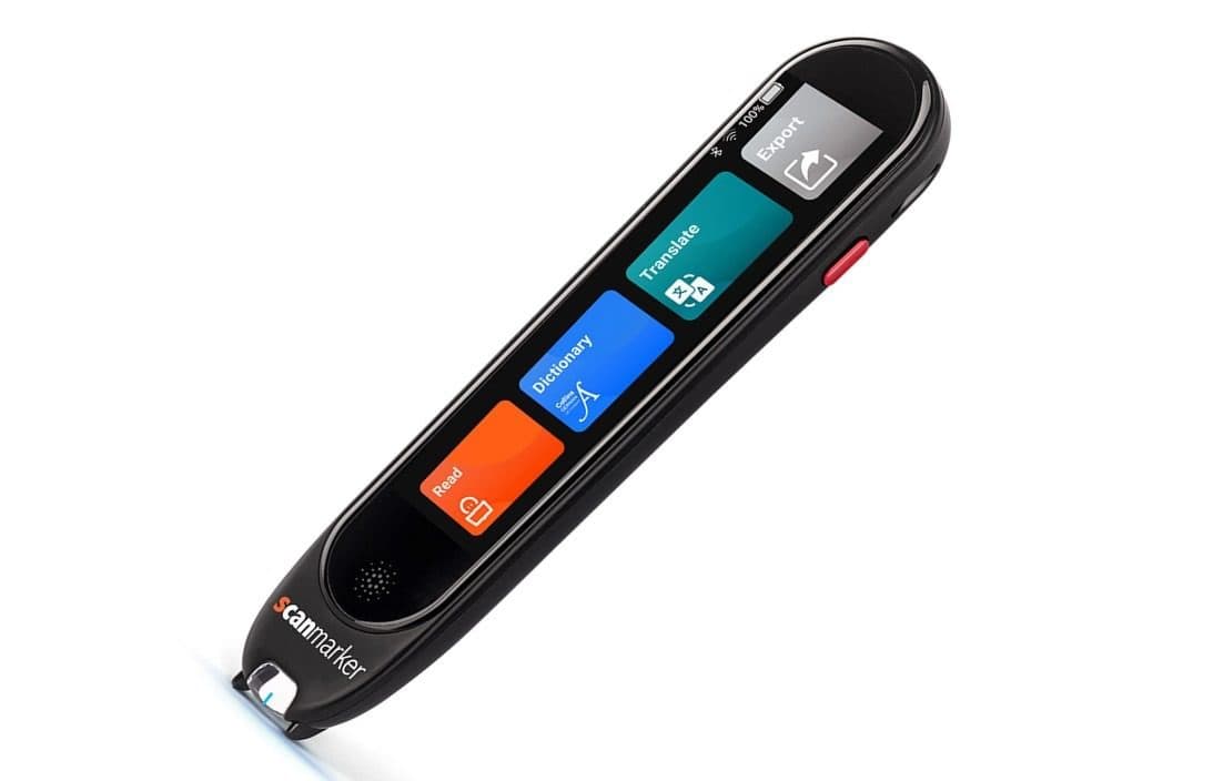 The ScanMarker Pro reading pen with its built-in touchscreen showing four labeled functions: Read, Dictionary, Translate and Export