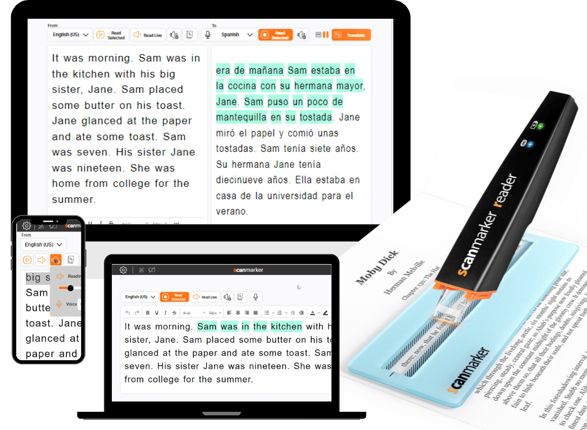 A collage of the ScanMarker app in use across a laptop and phone, showing scanned English text alongside its Spanish translation in a side-by-side panel, with the Reader pen beside the screens