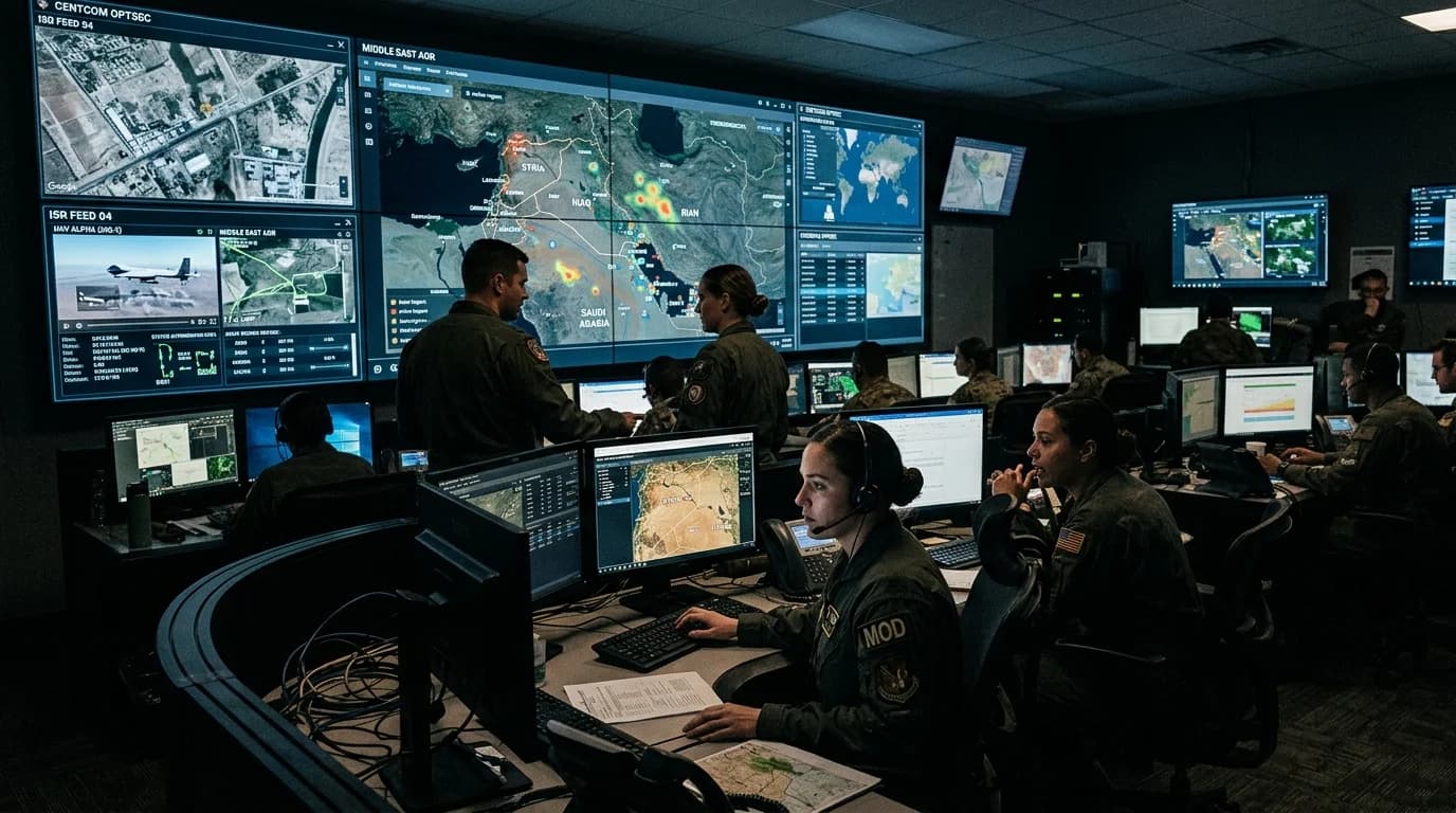 Military intelligence operations room monitoring drone telemetry and regional geopolitical tracking screens