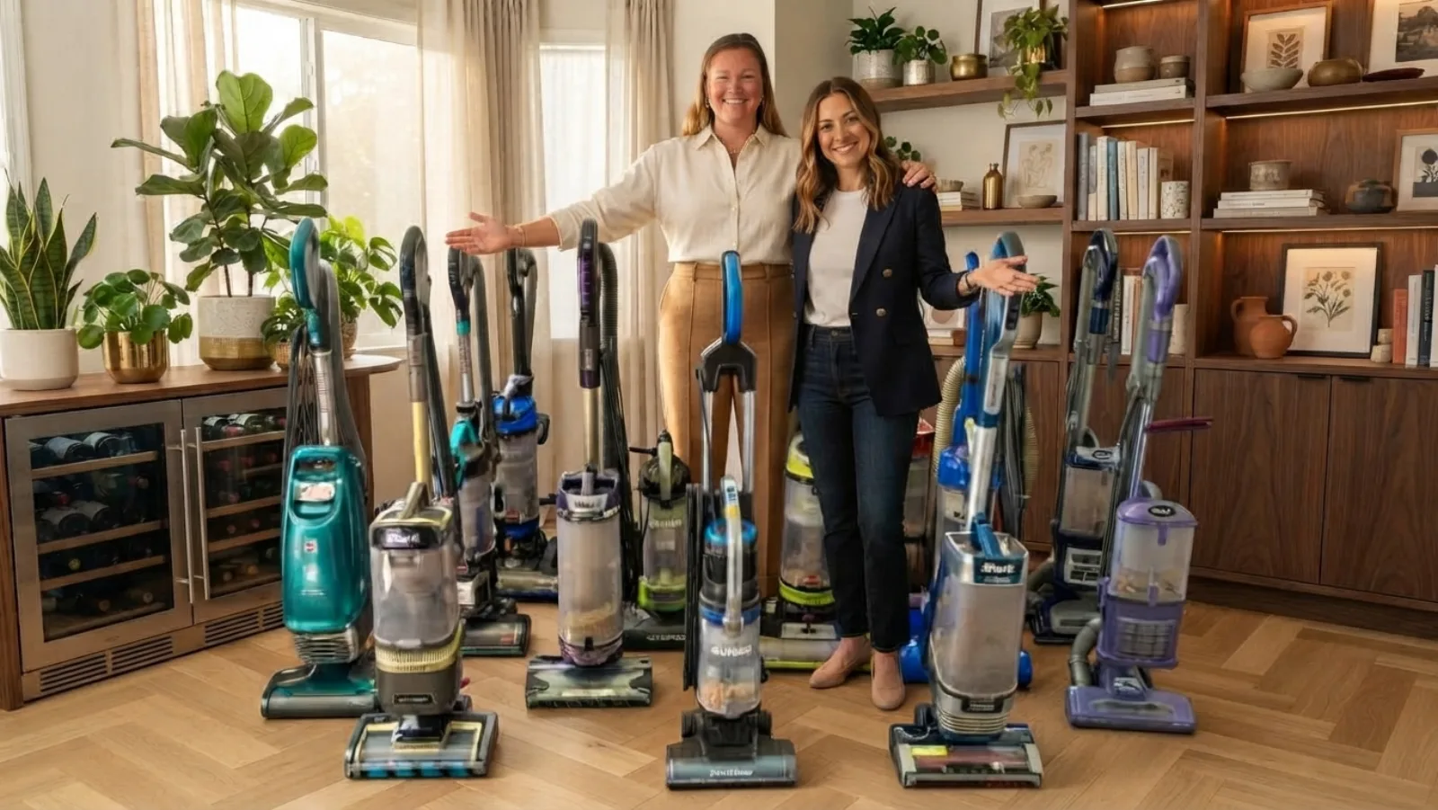 Two smiling women standing among a lineup of upright vacuum cleaners in a bright living room
