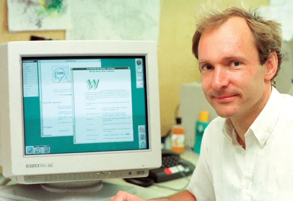 Tim Berners-Lee beside the NeXT computer at CERN where the World Wide Web was invented
