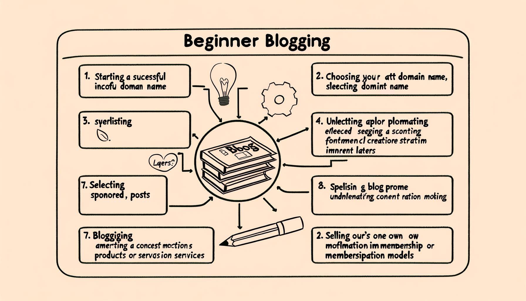 An image of a beginner bloggers guide, providing tips on starting a successful blog, choosing a domain name, hosting, blogging platform, blog theme,