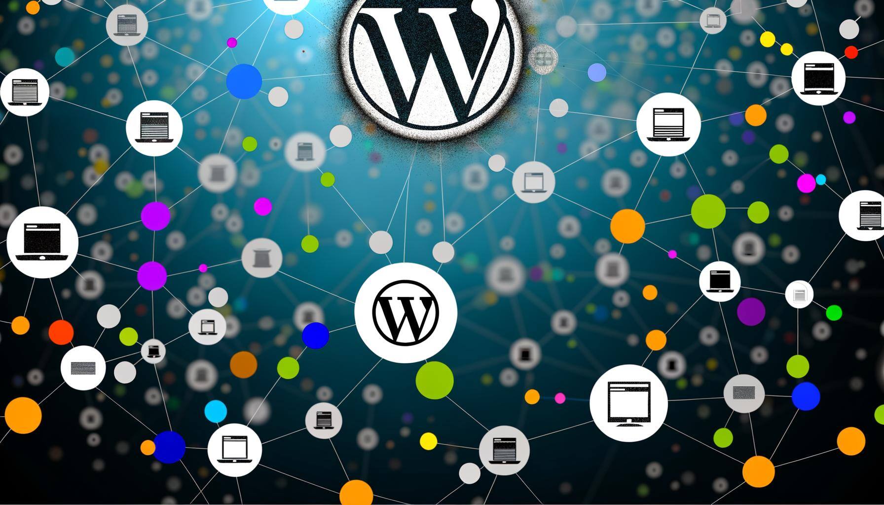 An image of a vast and interconnected network of websites and data, showcasing the dominance of WordPress, the number of people online, and the variet