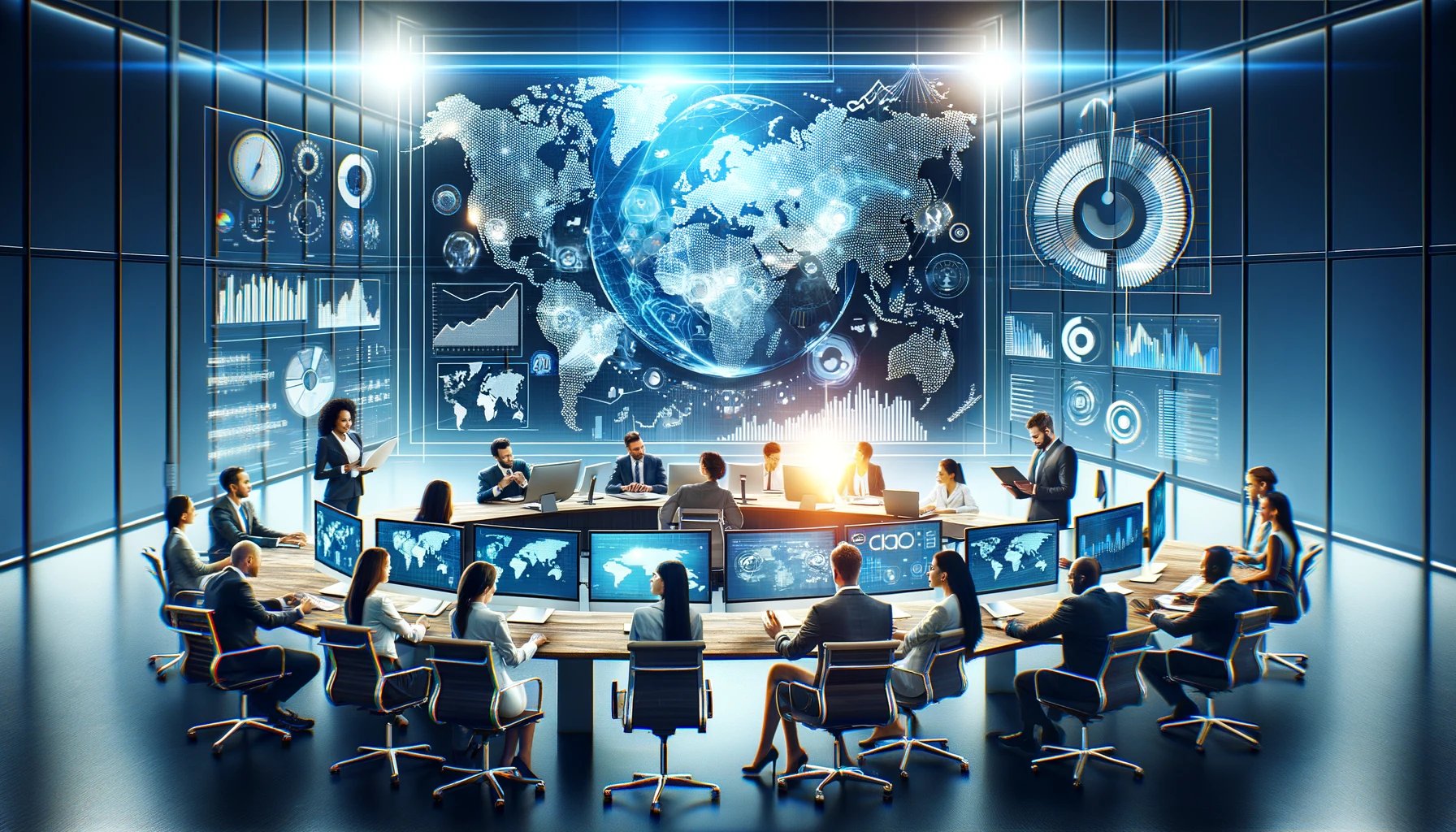 DALL·E 2024-05-04 12.21.45 - A dynamic office scene illustrating global online success, featuring a diverse group of professionals engaged around a large digital world map. They a