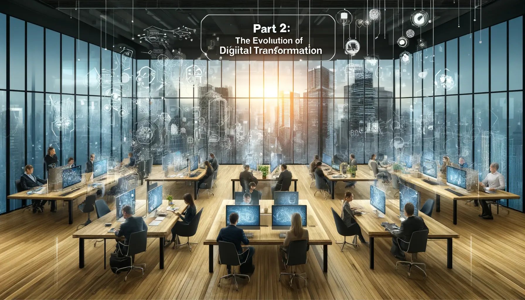 DALL·E 2024-05-22 21.28.08 - Create a realistic image for Part 2_ The Evolution of Digital Transformation in a wide format. The image should depict an office environment with mo