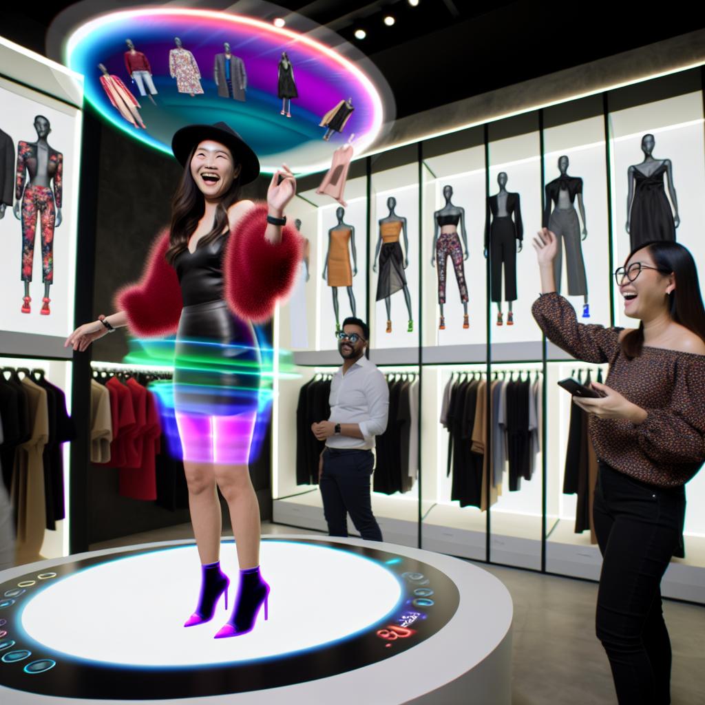 A customer trying on various virtual outfits in a store using augmented reality technology.