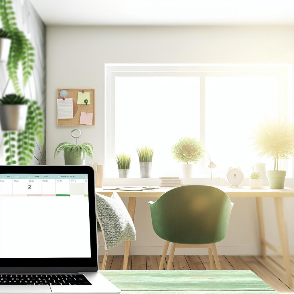 A serene and organized home office space with natural lighting, green plants, a comfortable chair, and a laptop open to a digital calendar and task list.