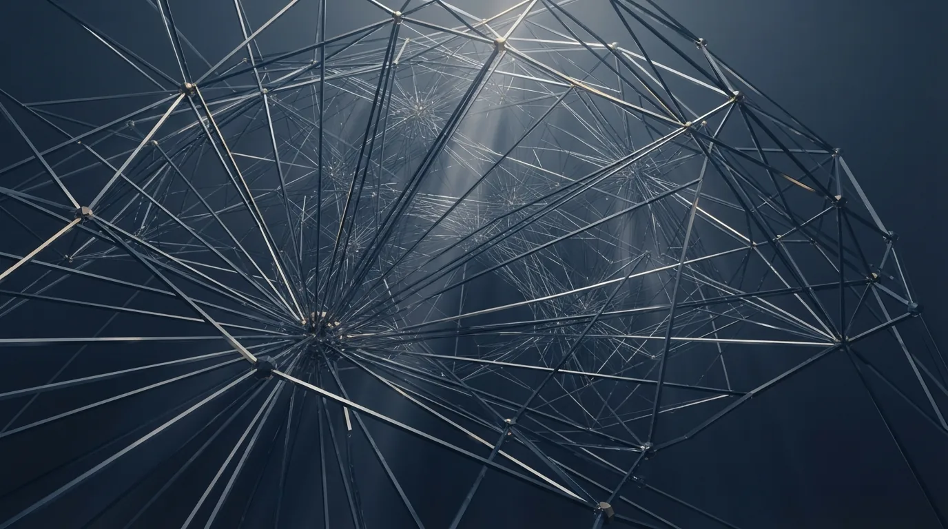 Dense lattice of connected nodes and struts, representing a multi-agent network with many handoff paths