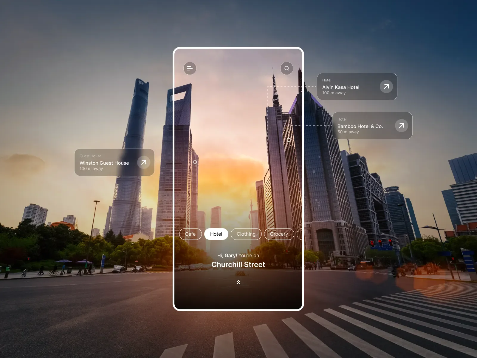 Mobile app interface overlaid on a city street, showing location cards for nearby hotels and cafes