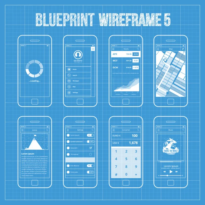 Blueprint-style wireframes of eight mobile app screens including login, settings, charts and a music player