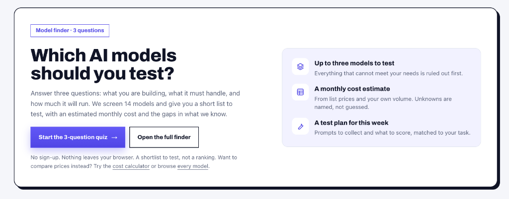 BestSuperintelligent 3-question model finder screening 14 AI foundation models for workload and cost