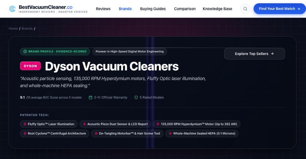 Dyson brand profile showing telemetry, motor RPMs, and patented features