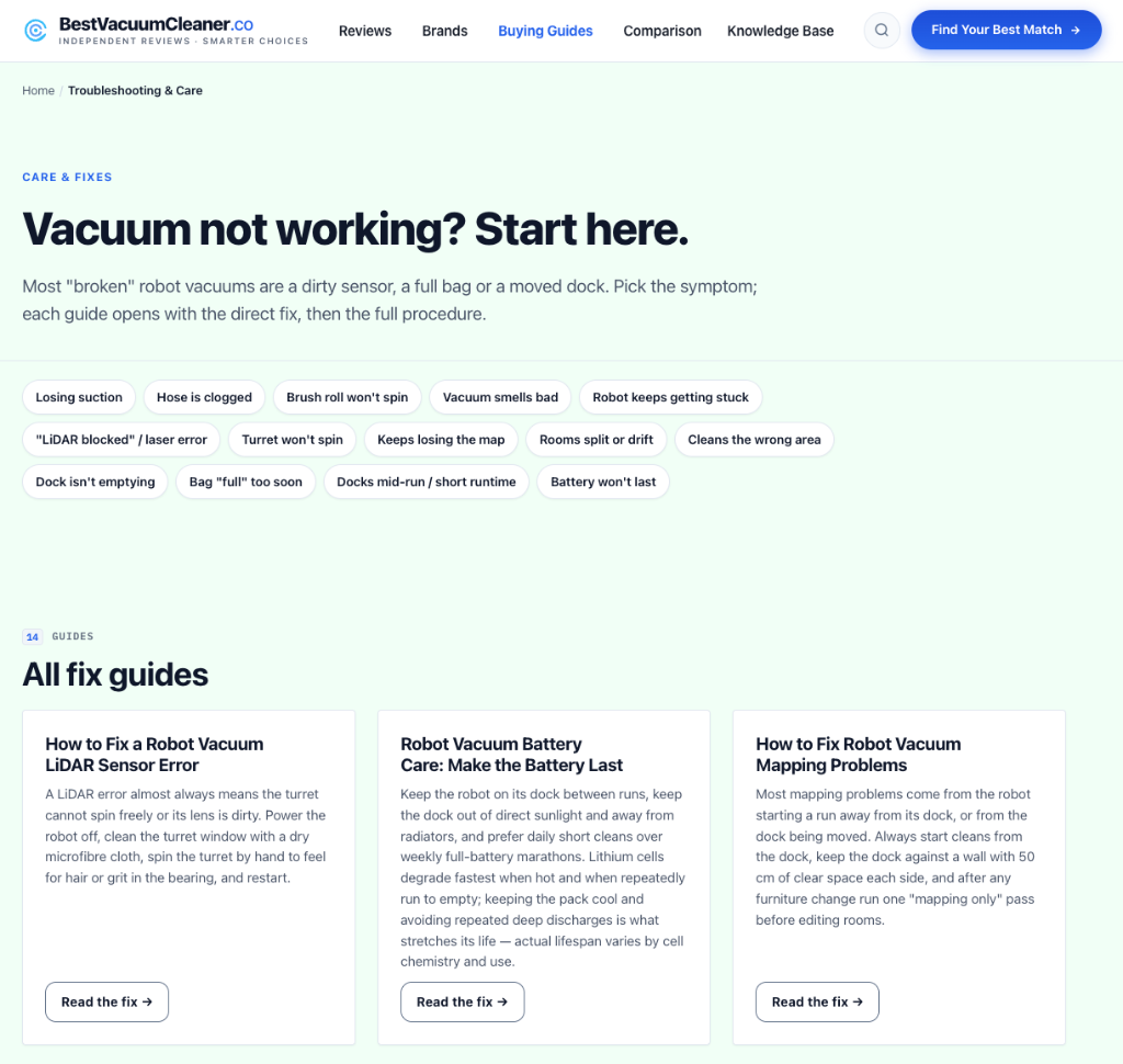 BestVacuumCleaner maintenance and care hub with symptom tags and guide cards