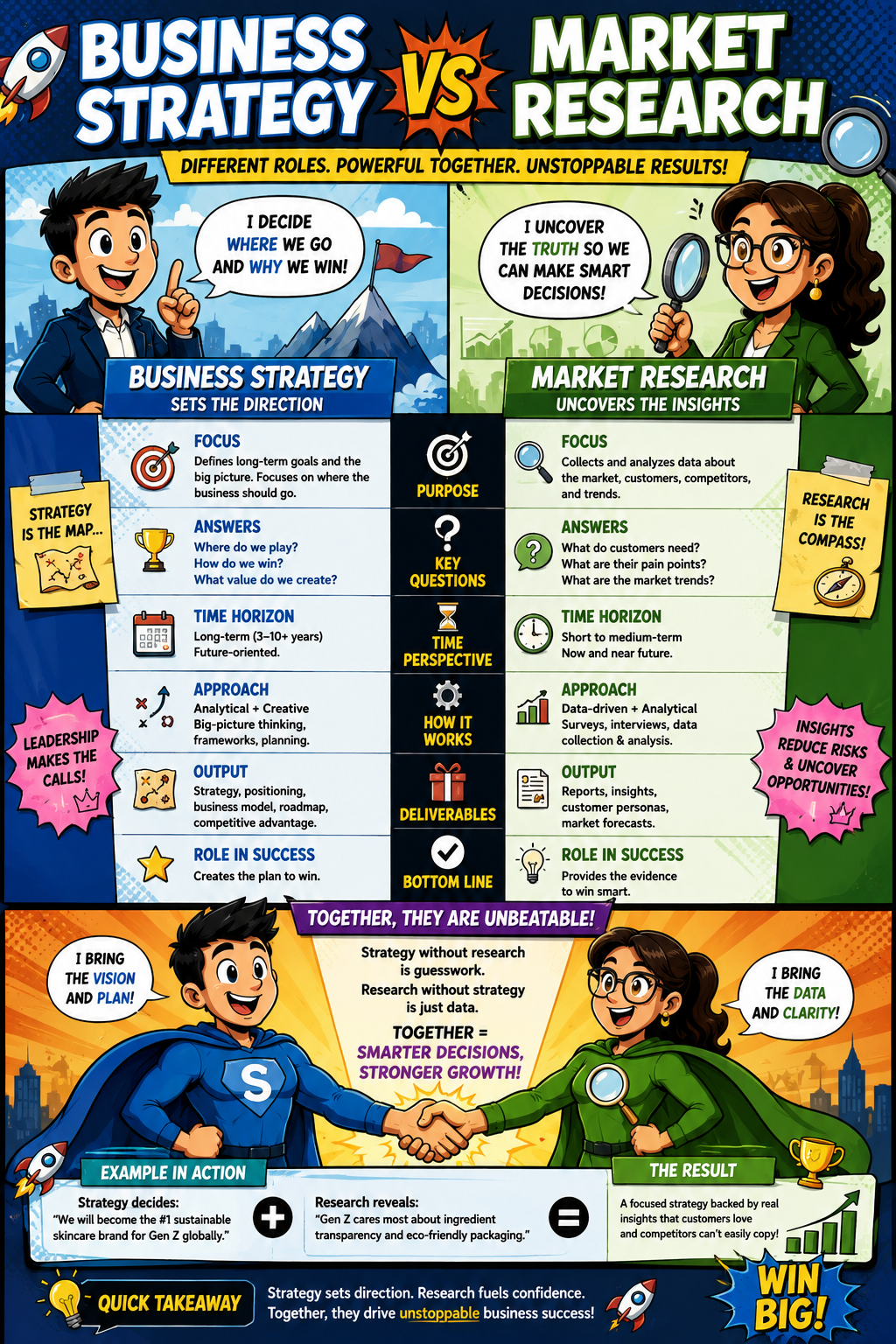 Infographic comparing business strategy and market research across purpose, key questions, time horizon, approach, deliverables, and role in success