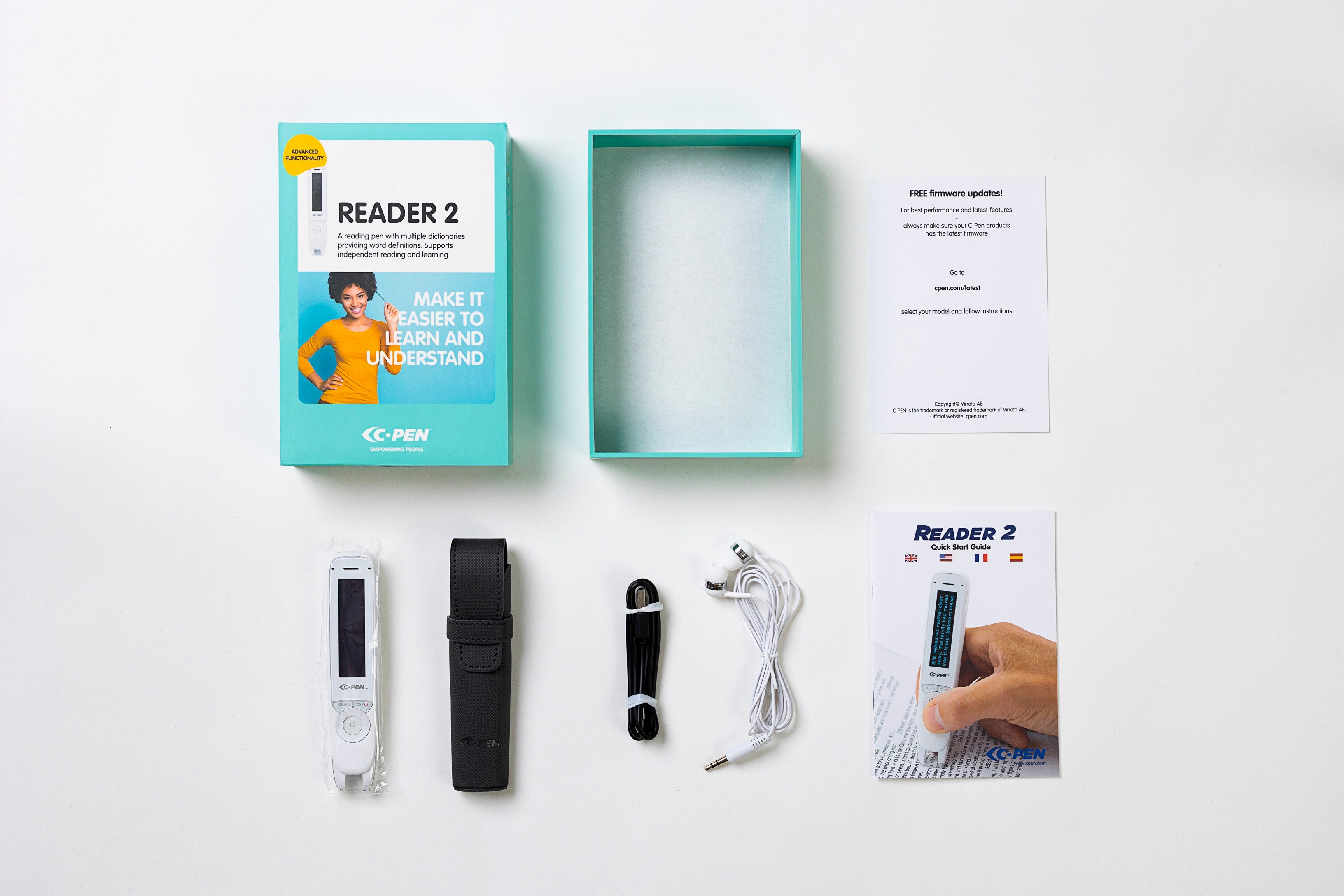 C-Pen Reader 2 box contents laid out: the pen, a carry case, USB cable, earphones, and a quick start guide