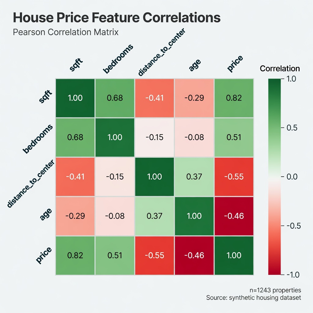 Correlation heatmap showing relationships between house features and price