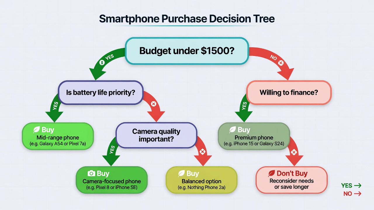 Professional decision tree diagram with root, decision nodes, and leaf outcomes showing structured decision making