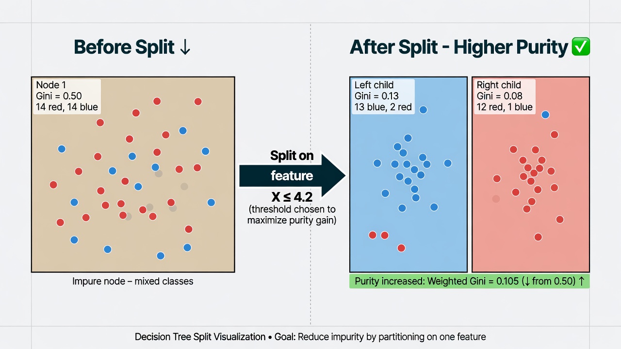 Before the split the node is mixed (50/50). After asking the right question the left child is almost pure “Yes”, the right child is mostly “No”.