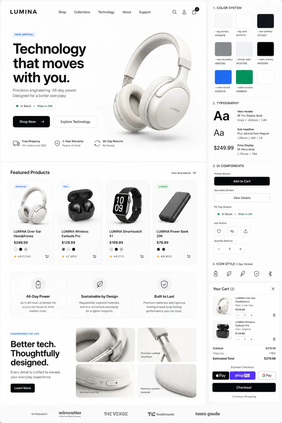 Clean editorial storefront: generous white space, restrained palette, 3-column feature cards