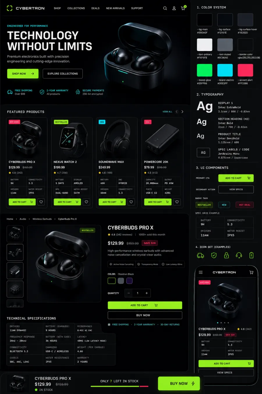 Cyber-minimalist storefront: near-black background, neon accent buttons, high-contrast product cards