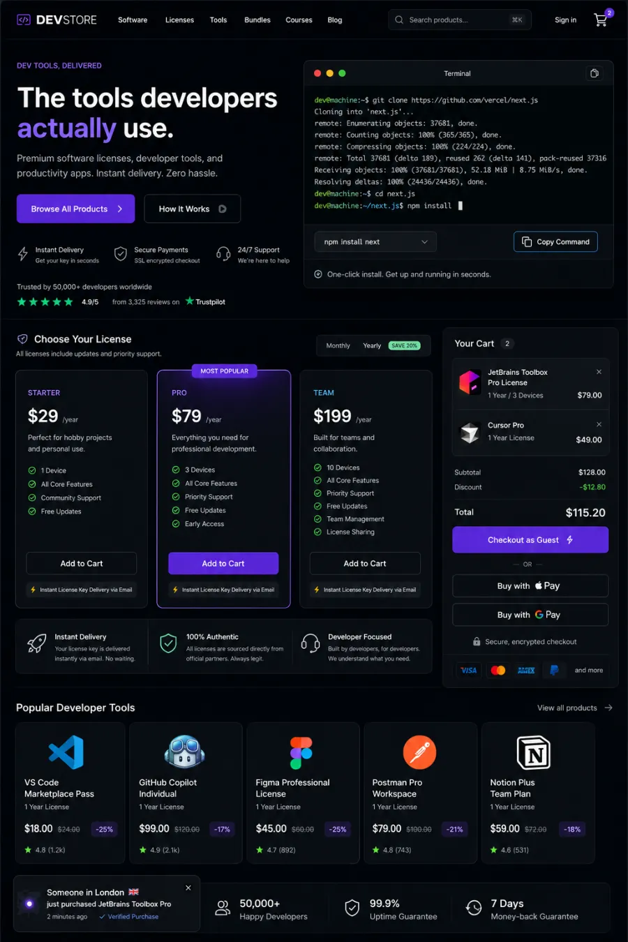 Dev-first digital store rendered from the DESIGN.md spec: license tier pricing cards and a monospaced code preview widget