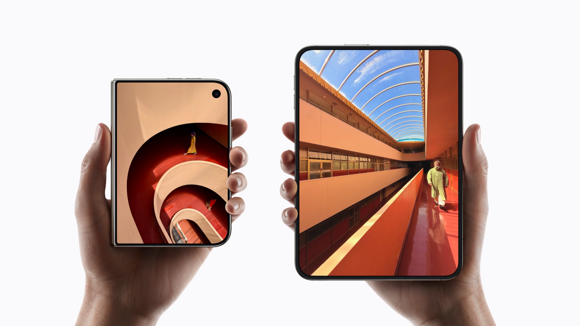 Apple iPhone Duo shown closed and open side by side, comparing the 5.4-inch outer display to the 7.6-inch inner display