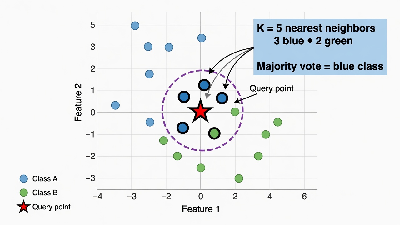 KNN visualization with expanding circle highlighting nearest neighbors and majority vote classification