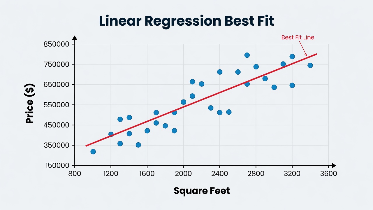 Clean scatter plot with blue data points and red best-fit line demonstrating linear regression for house price prediction