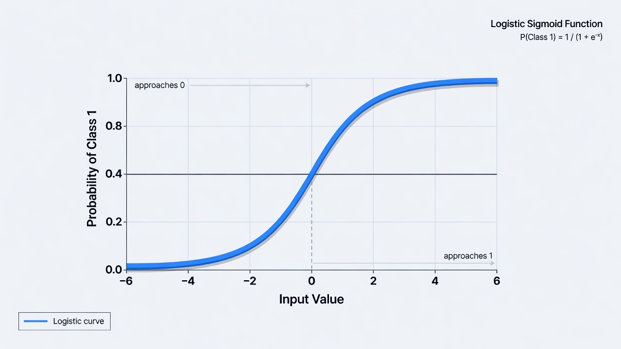 Smooth S-shaped sigmoid curve showing how logistic regression converts inputs into probabilities between 0 and 1