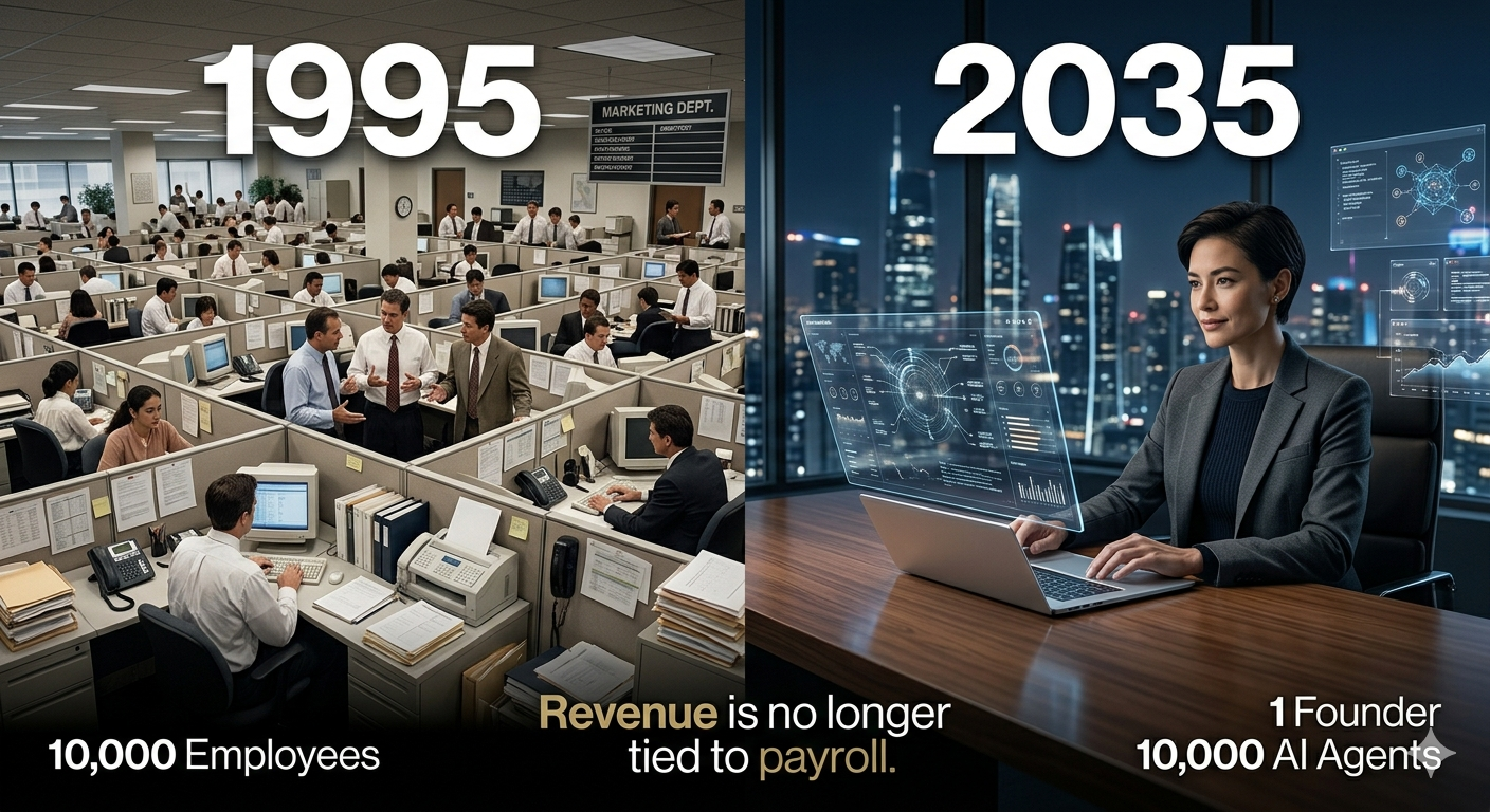 Split image contrasting a crowded 1995 office of 10,000 employees with a 2035 solo founder running 10,000 AI agents