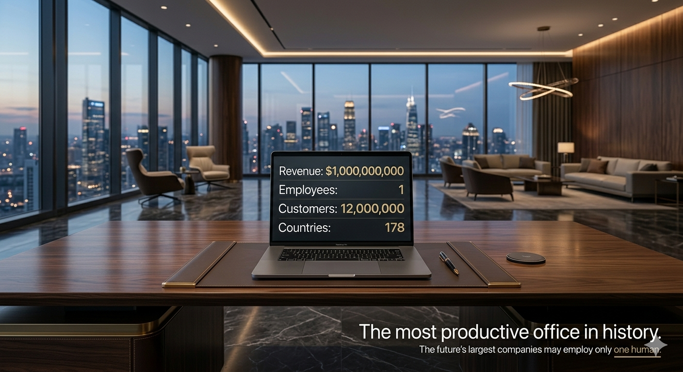 A minimal executive desk overlooking a city skyline with a laptop showing $1B revenue, 1 employee, 12 million customers across 178 countries