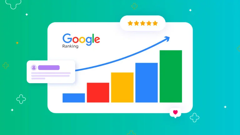 Bar chart showing Google ranking improving in steps over time, with an upward trend arrow