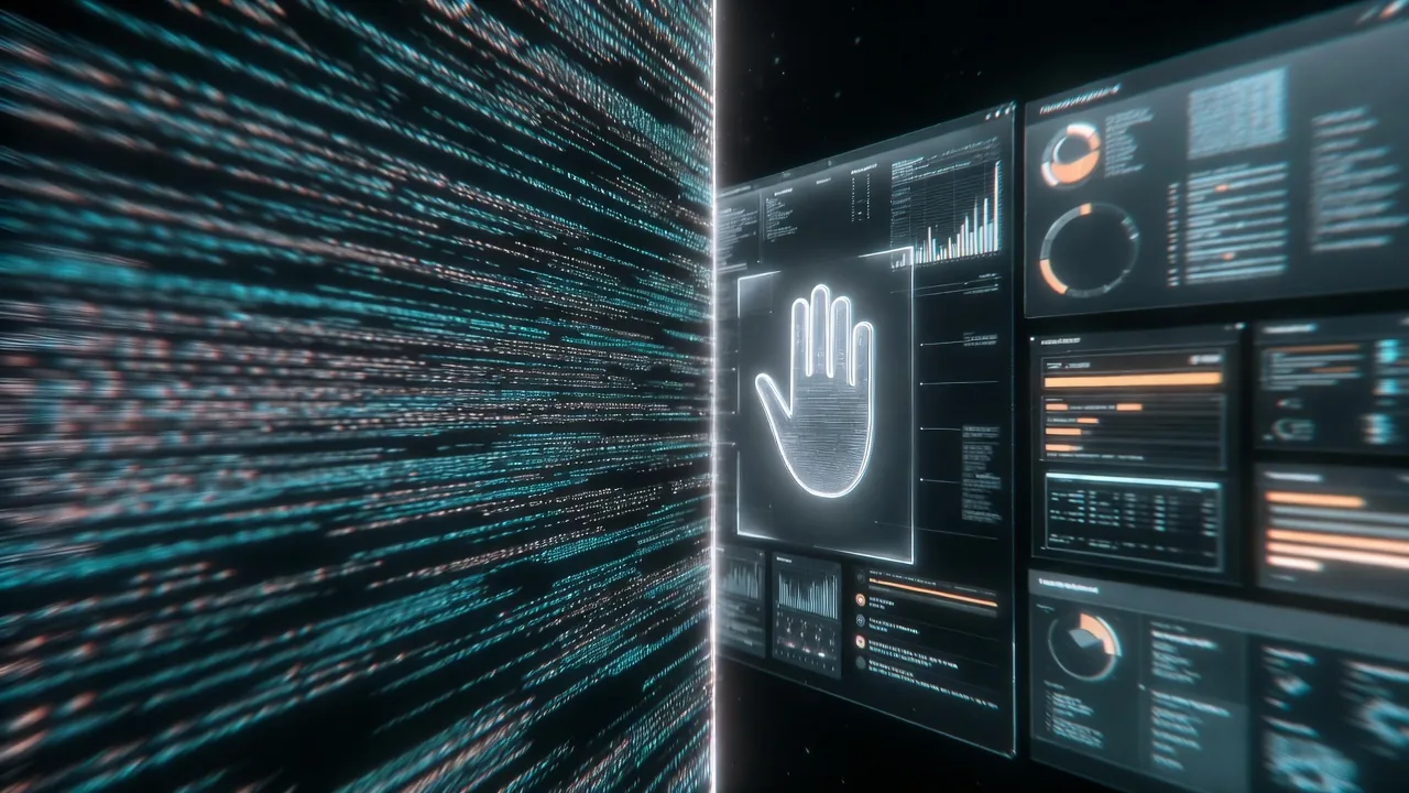 Wall of streaming data beside floating analytics panels with a hand-gesture control in the center