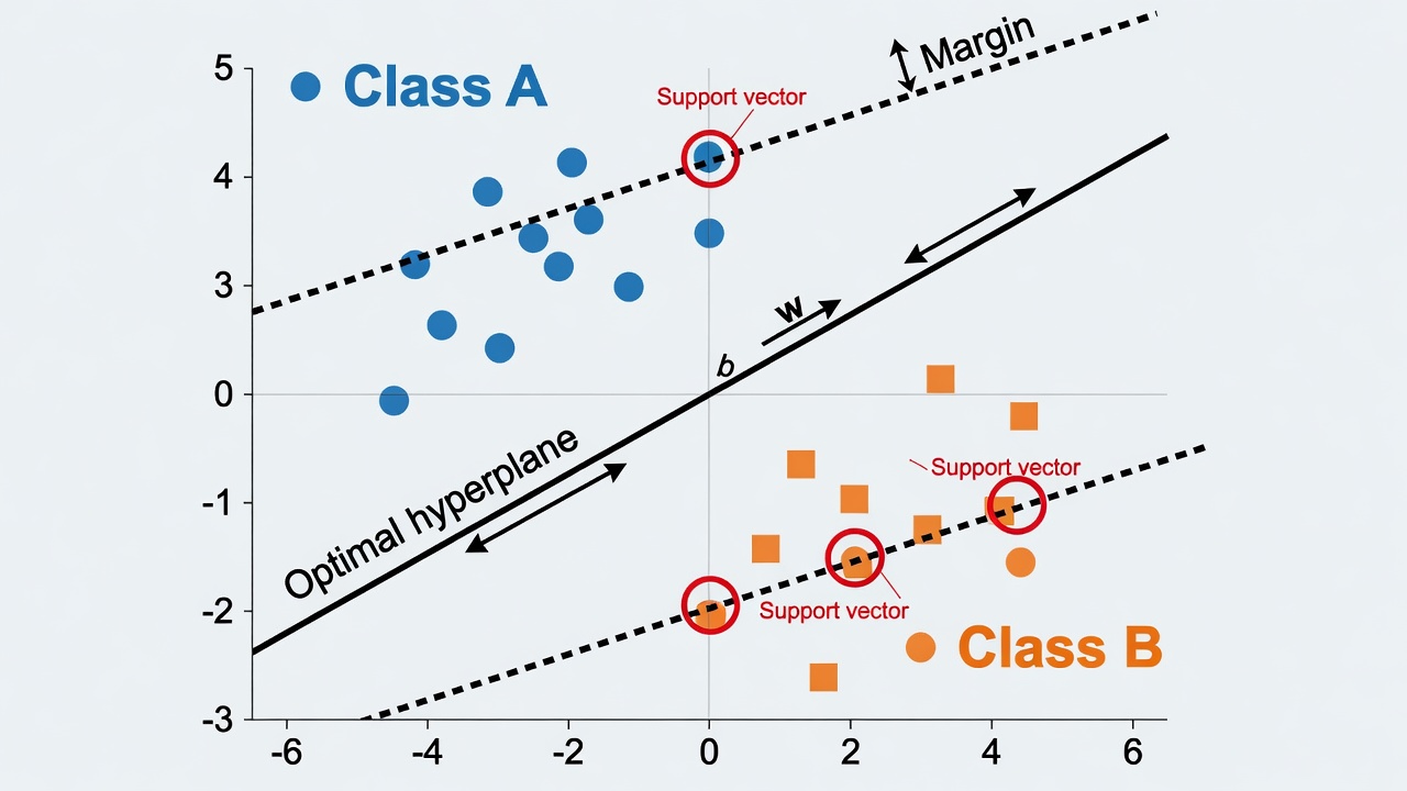 SVM illustration with hyperplanes, support vectors, and maximized margin separating two classes